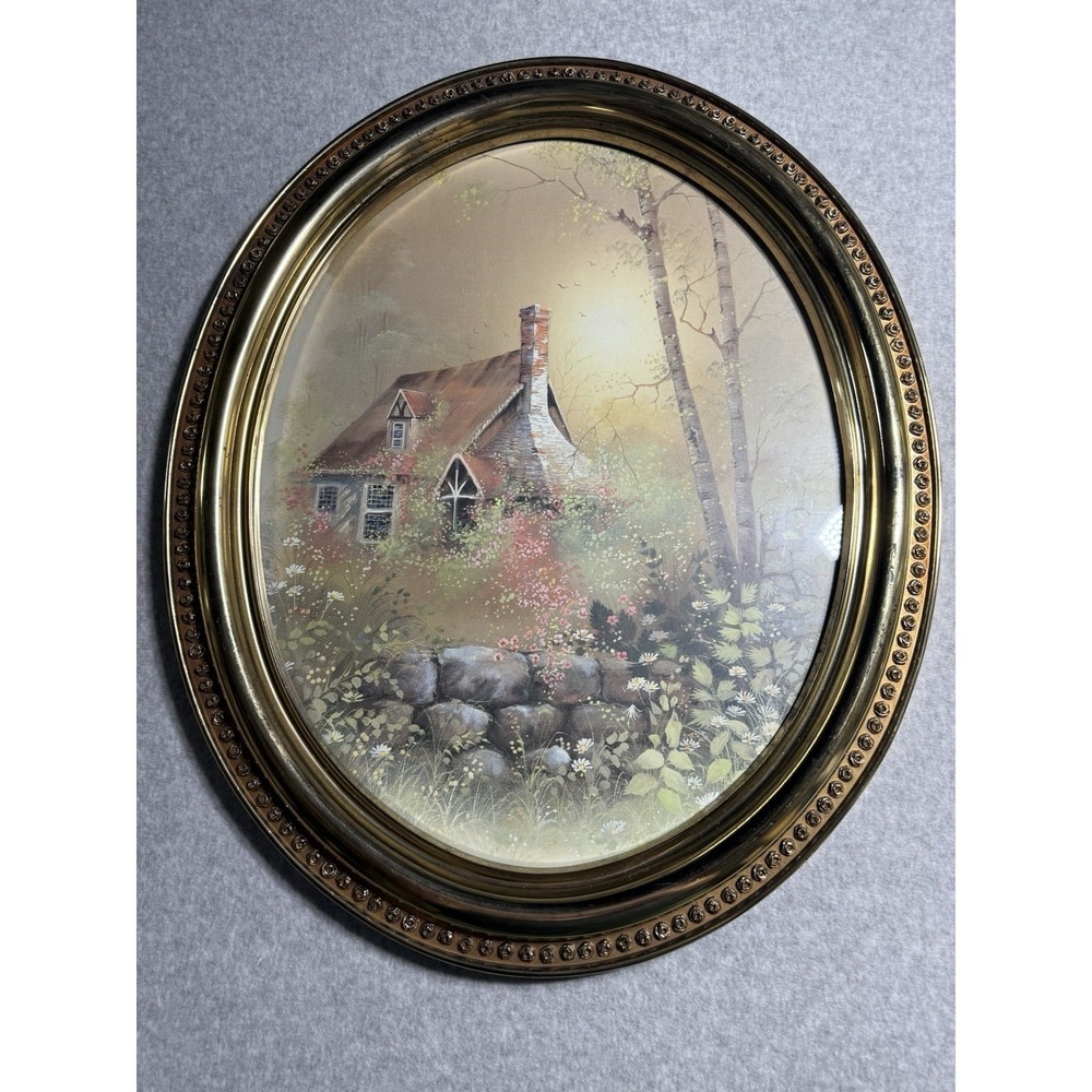 Vintage Syroco 1982 Oval Gold Plastic Picture Frame Cottage In Forest Birch Tree